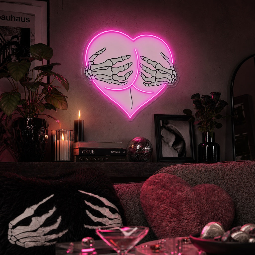 "Pink Heart Butt Umarmung Skeletthände" UV-bedruckt LED-Neonschild