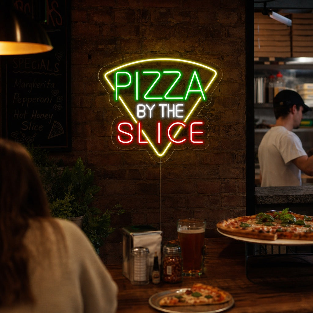 "Pizza By The Slice" Neonschrift, Pizza Leuchtreklame, Pizza Leuchtschild