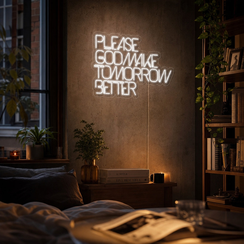 "Please God Make Tomorrow Better" Neonschrift