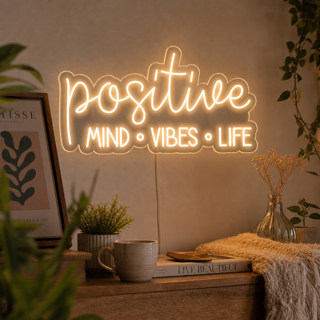 "Positive Mind Vibes Life" Neonschrift