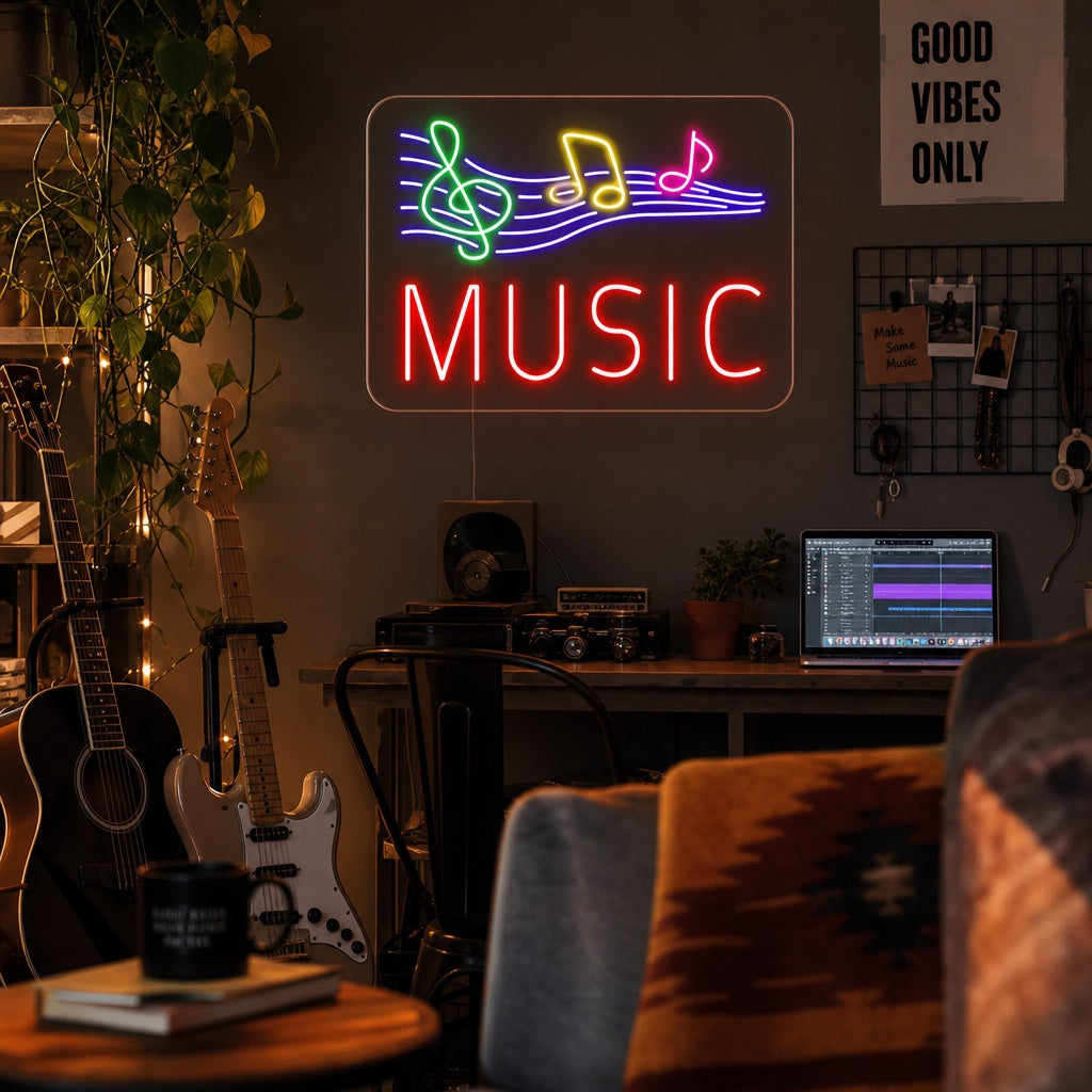 "Music, Musiknoten" Neonschrift
