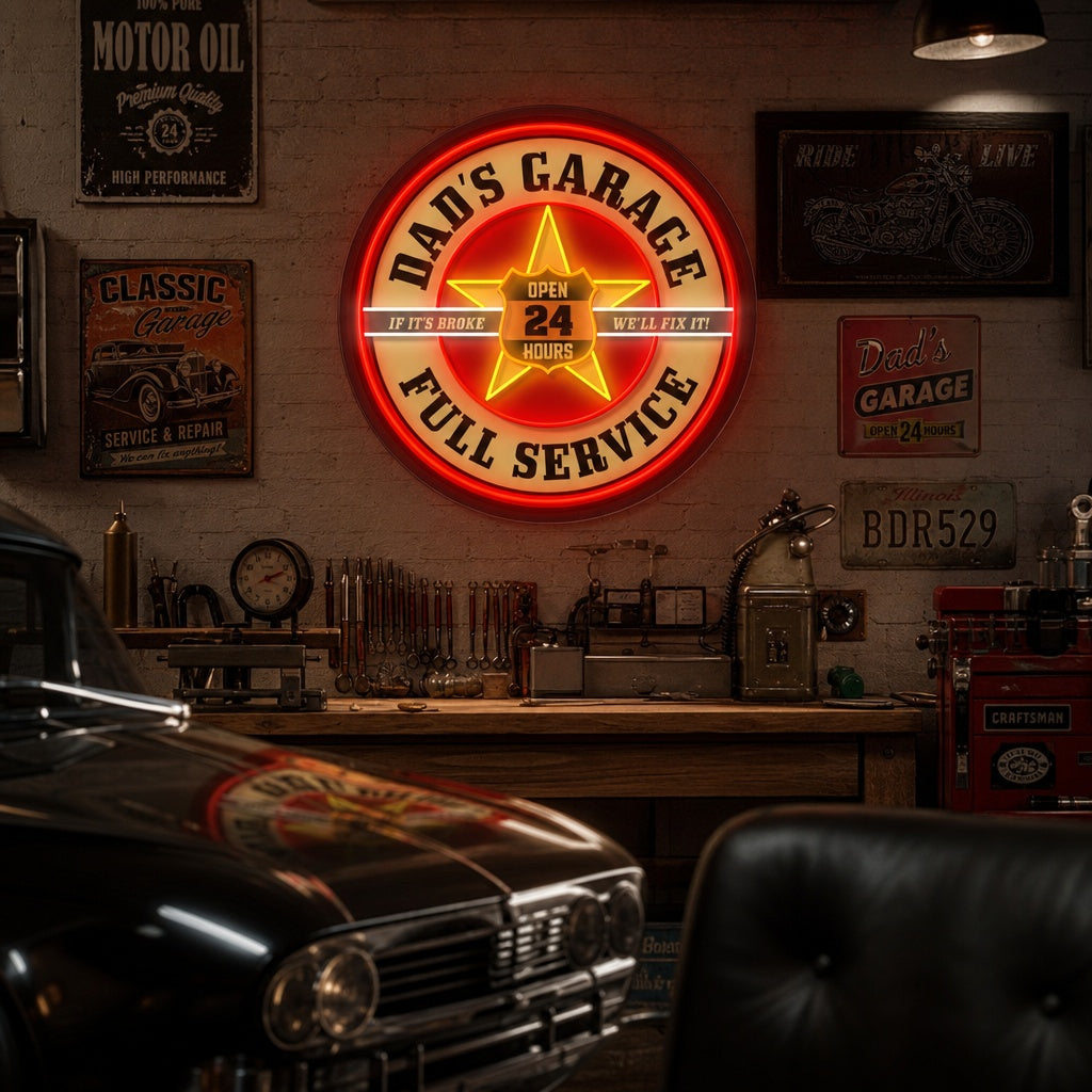 "Retro Dads Garage, Mobil inspiriert" UV-bedruckt LED-Neonschild