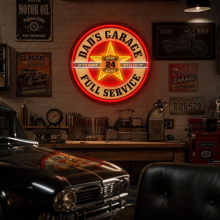 "Retro Dads Garage, Mobil inspiriert" UV-bedruckt LED-Neonschild