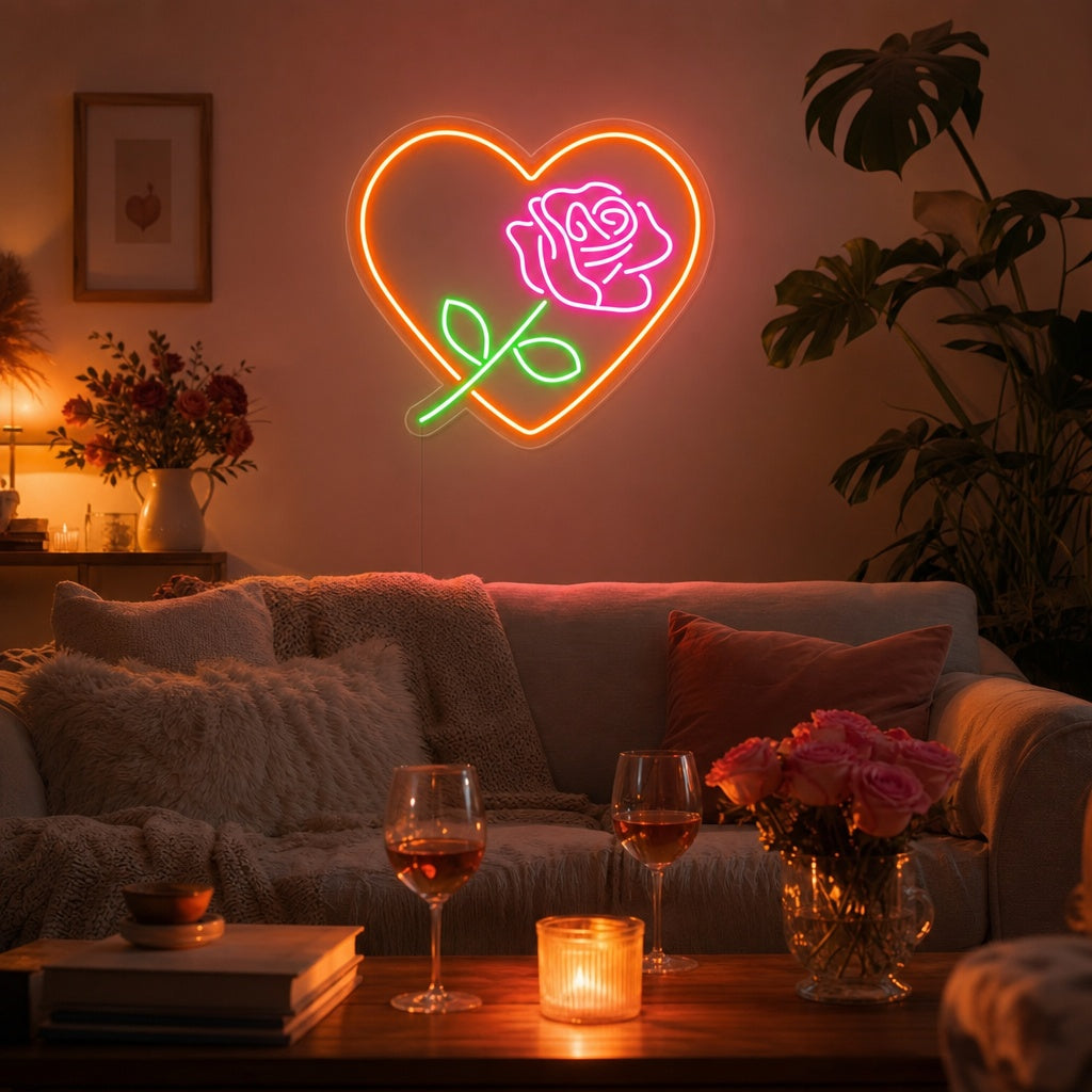 "Rosenblume, Herzform, Liebe" Neonschrift