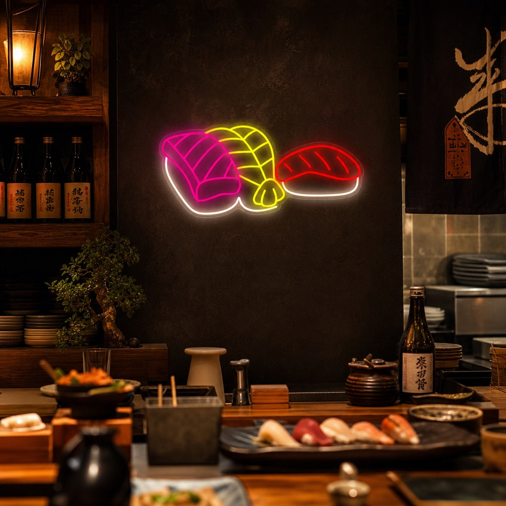 Shrimp-Lachs-Sushi Neonschild, Japanische Restaurantdekoration