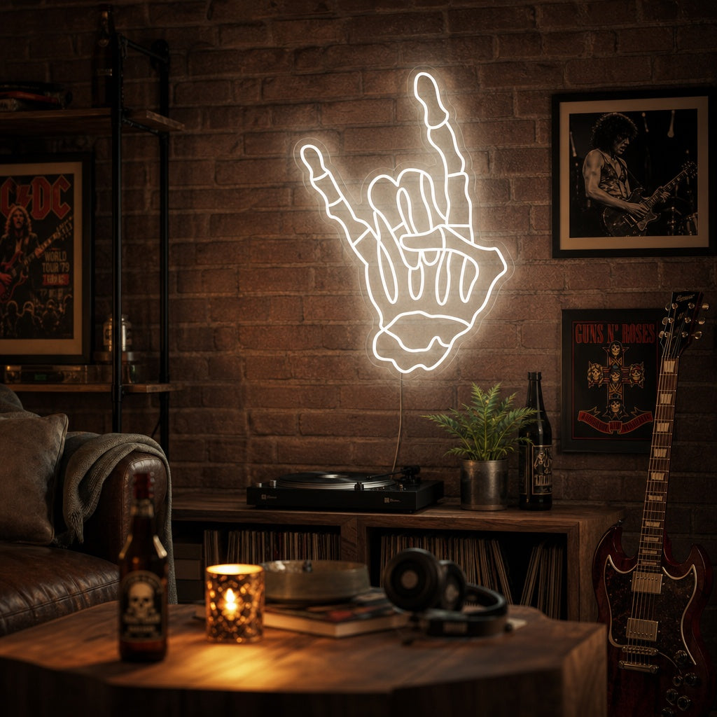 "Skelett Schädel Hand, Die Rock-And-Roll-Geste Macht" Neonschrift