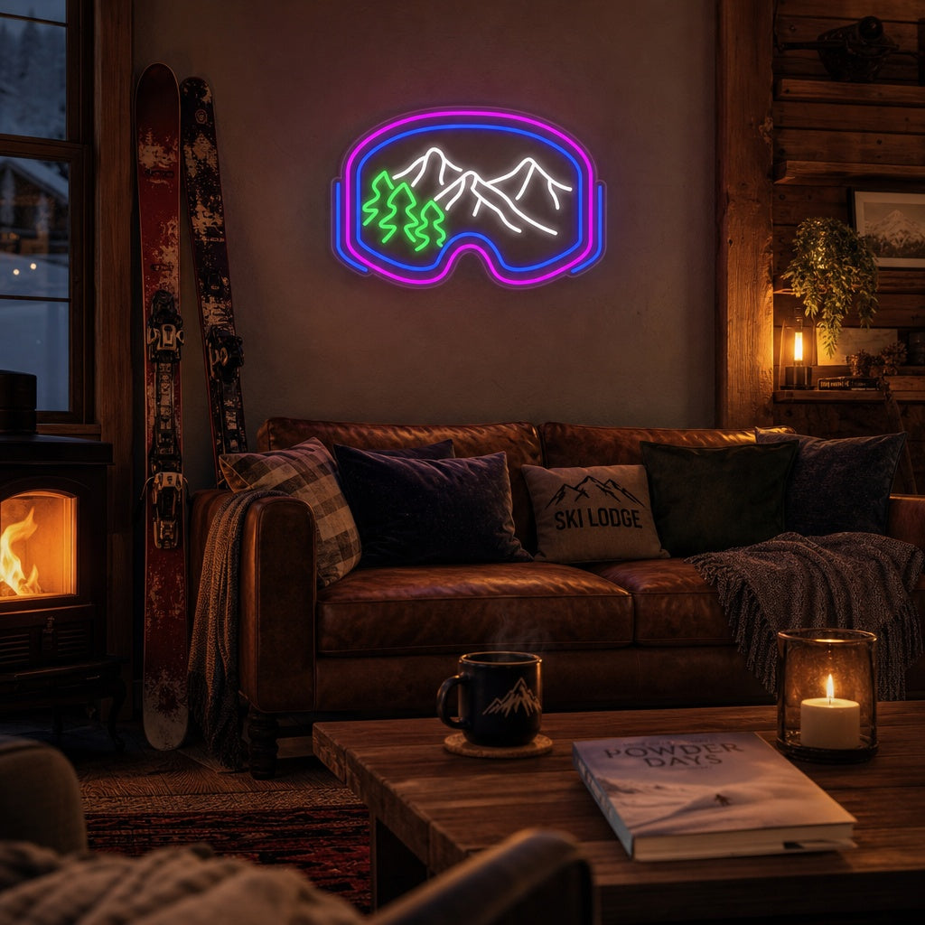 "Skibrille Skifahren" Neonschrift, Skibrille Leuchtreklame, Skifahrer Leuchtschild