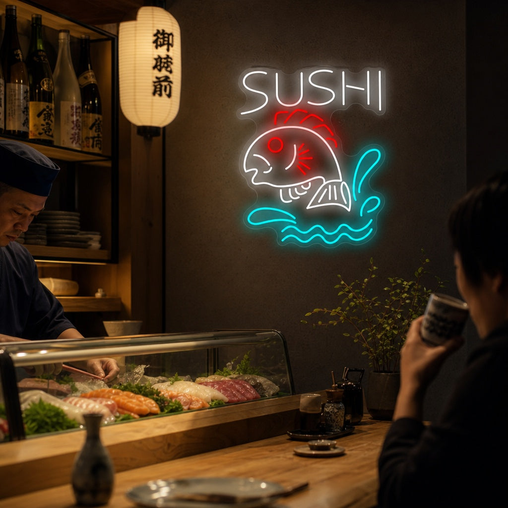 Sushi Fischgeschäft Neonschild, Japanische Restaurantdekoration