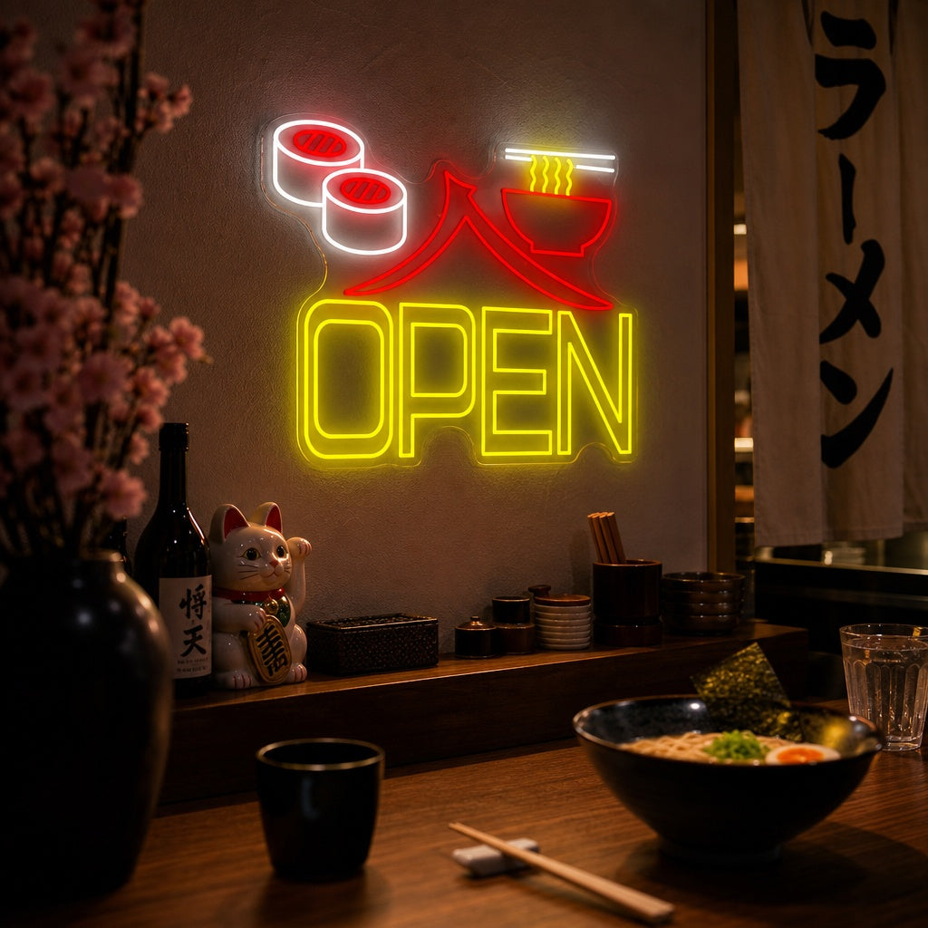 Sushi Ramen Open Neonschild, Japanische Restaurantdekoration