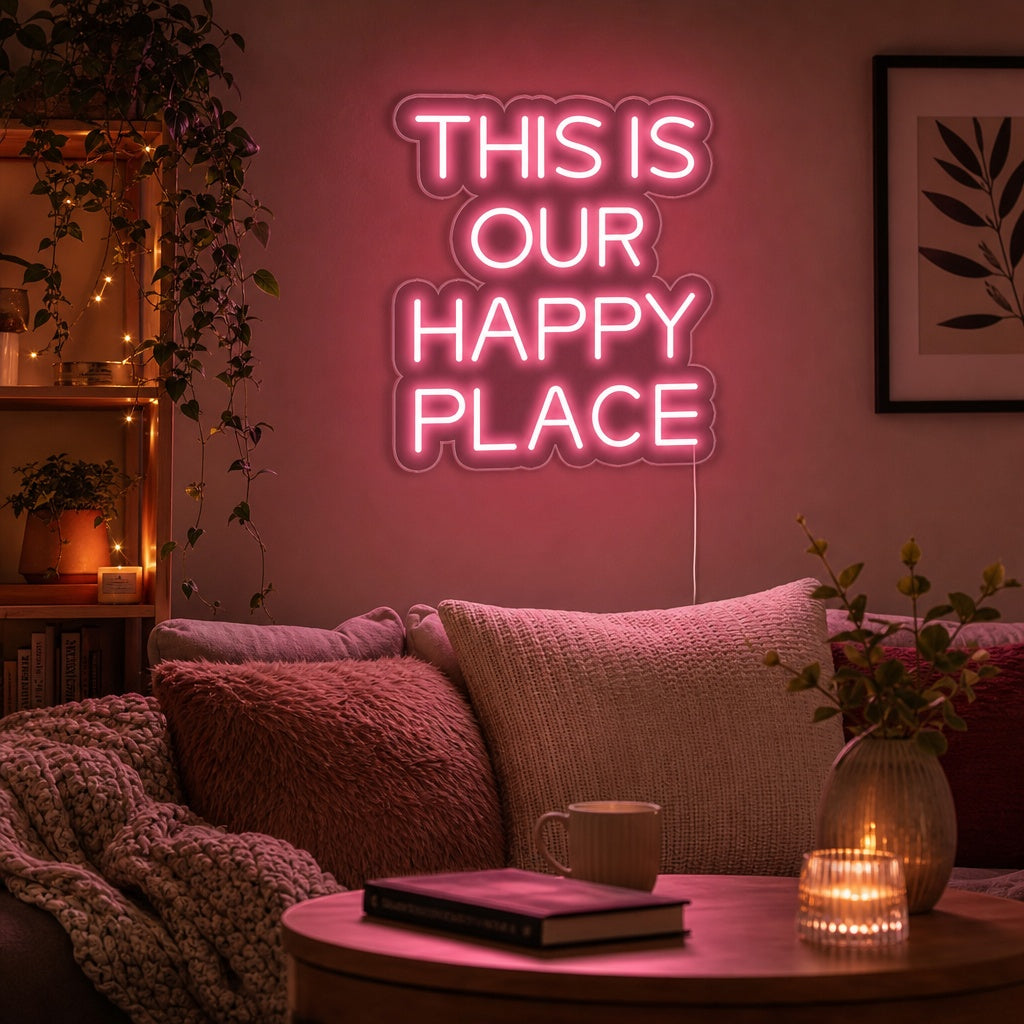 "This is Our Happy Place" Neonschrift