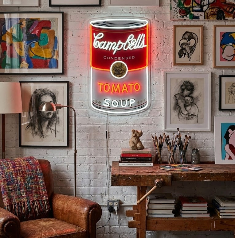 Pop-Art-Neonschild mit Tomatensuppe in einem Künstleratelier