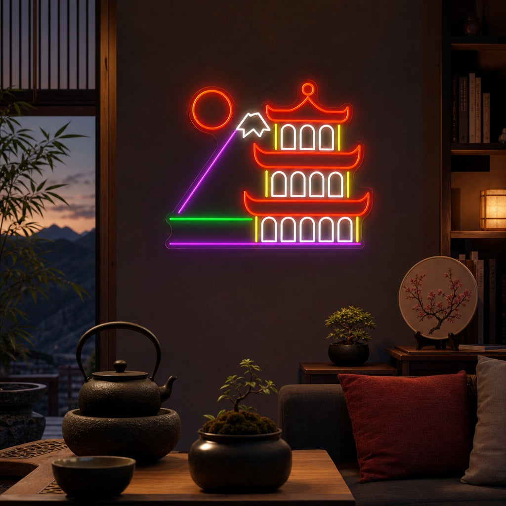 Traditionelles japanisches Gebäude Neonschild, Japanisches Neon-Schild