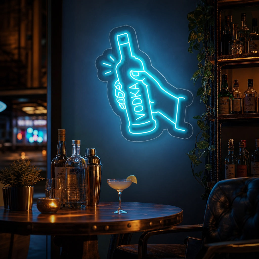 "Wodkaflaschen-Bar" Neonschrift