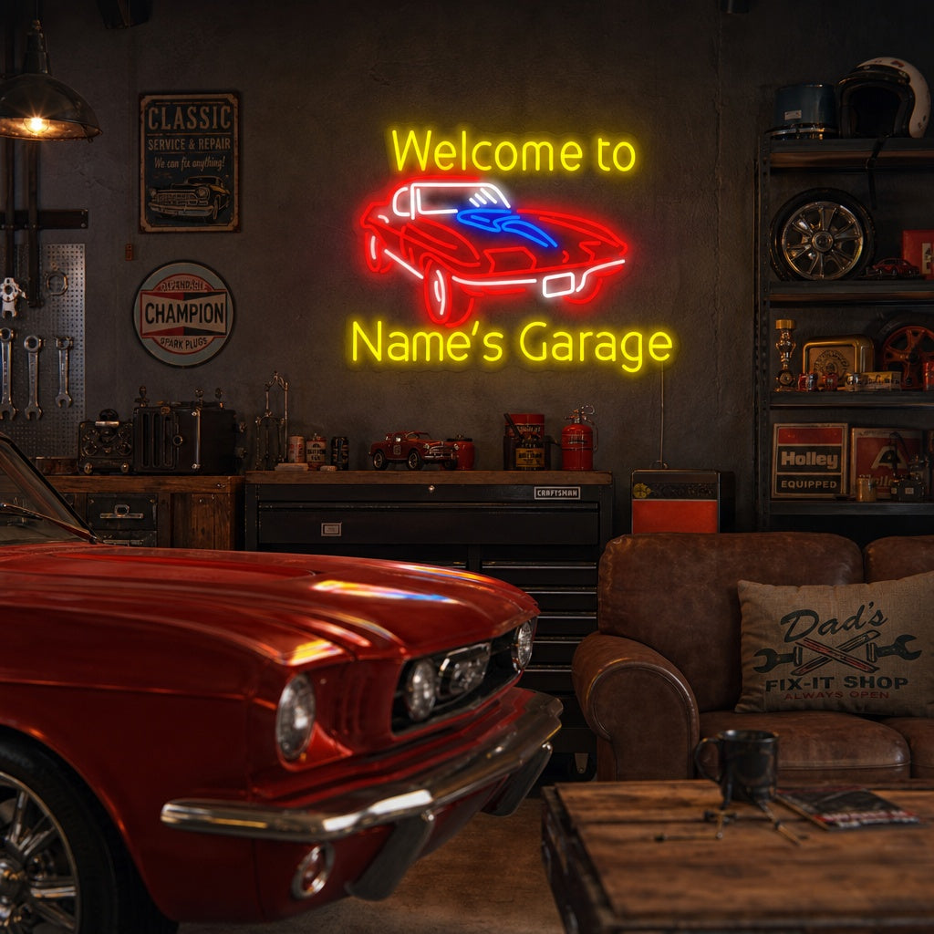 "Welcome to Genes Garage" Neonschrift