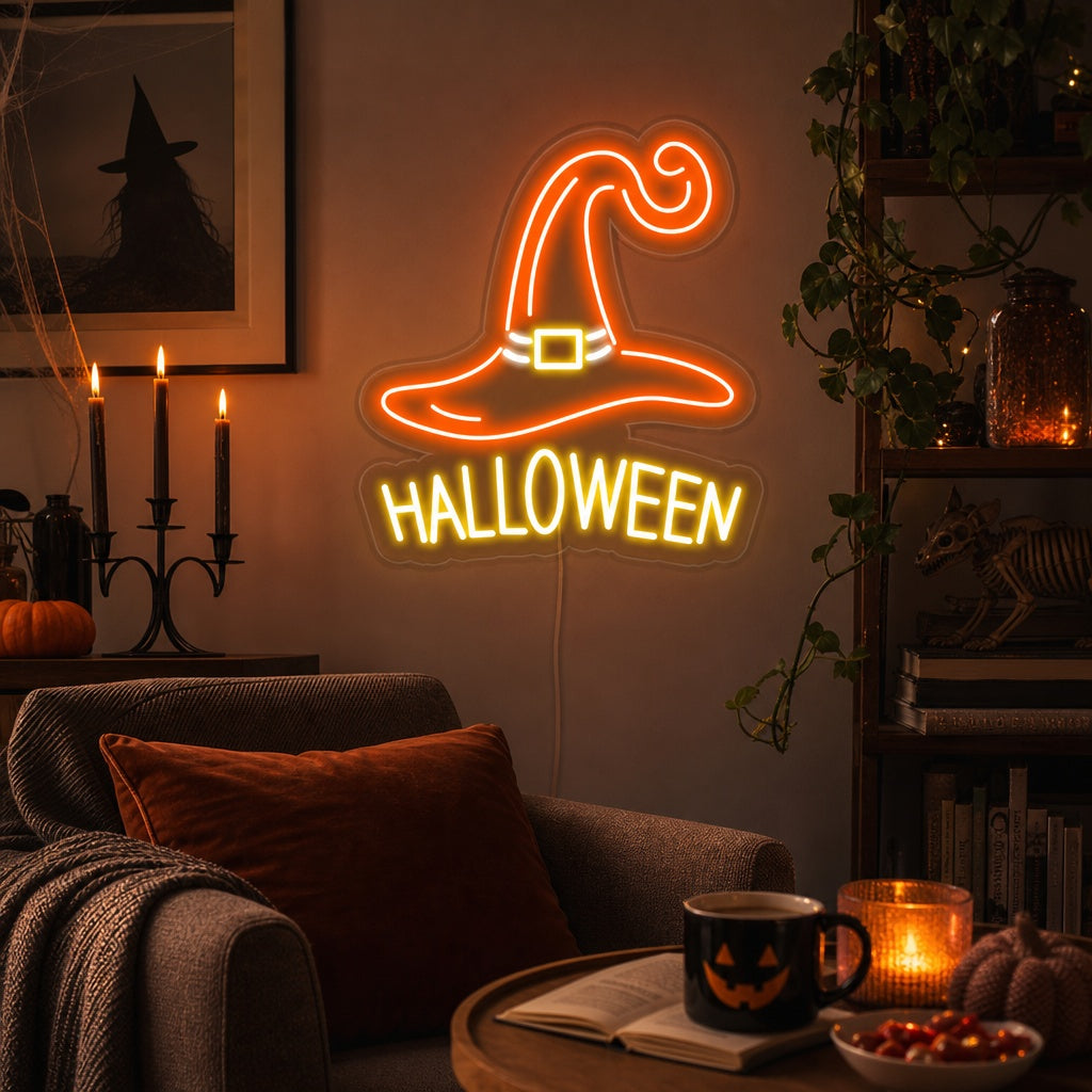"Hexenhut, Halloween" Neonschrift