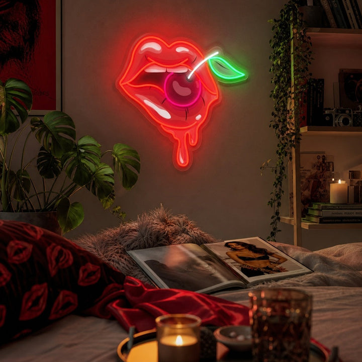 "Frau Lippen mit einer Kirsche" UV-bedruckt LED-Neonschild