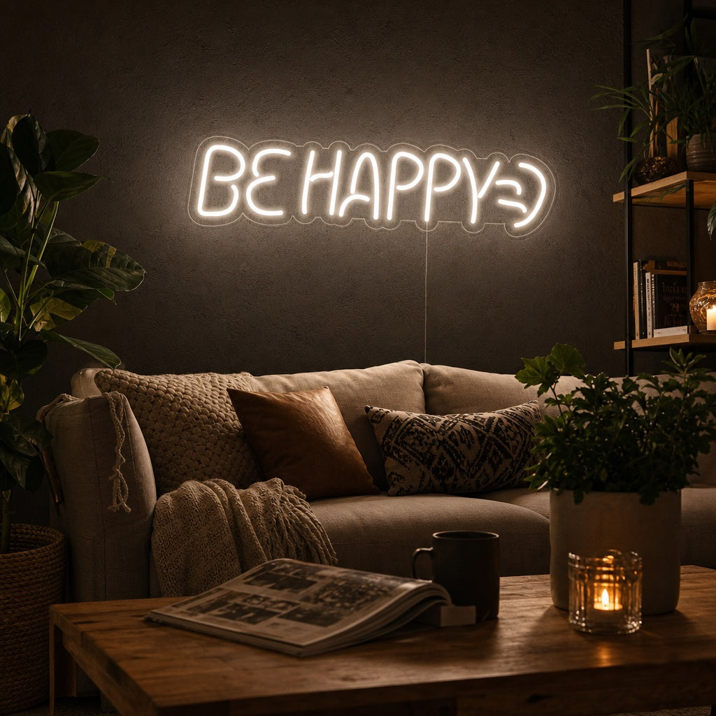 "Be Happy" Neonschrift