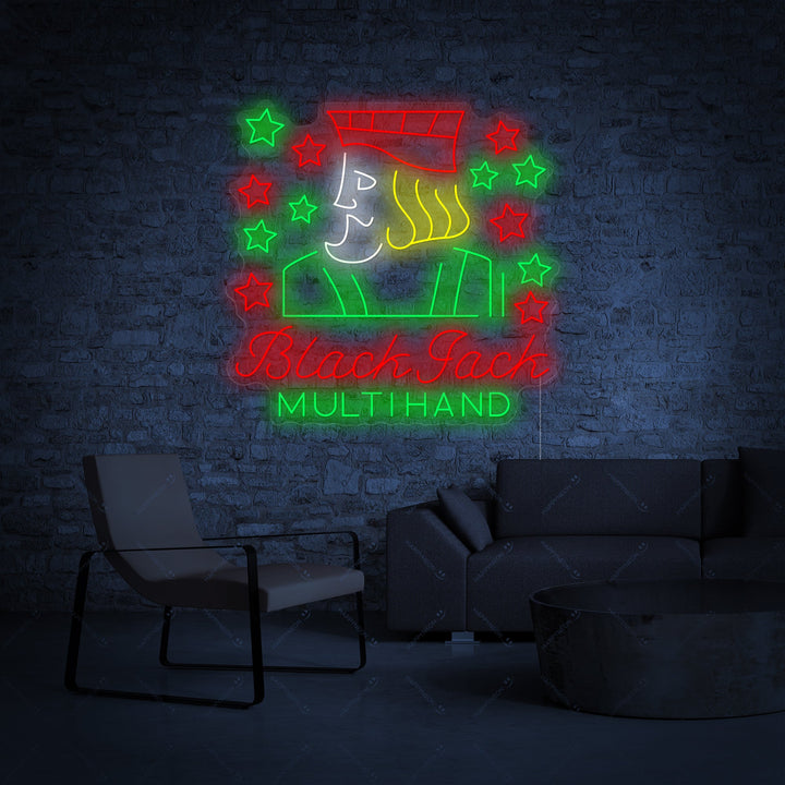 "Black Jack Multihand" Neonschild, Kasino Leuchtreklame, Kasino Leuchtschild