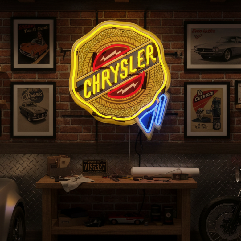 Yellow, red, and blue Chrysler neon sign in retro badge style, perfect for American car enthusiasts.