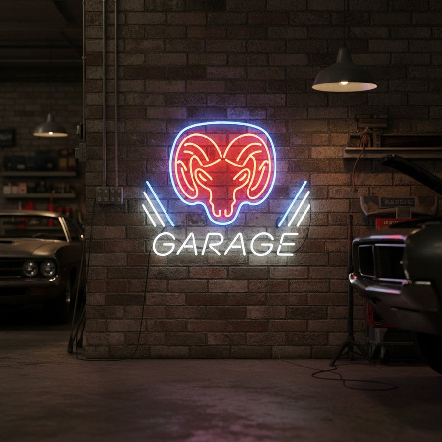 Neon wall light with the Dodge Ram head logo and the word “Garage,” perfect for car enthusiasts, workshops, and garages.