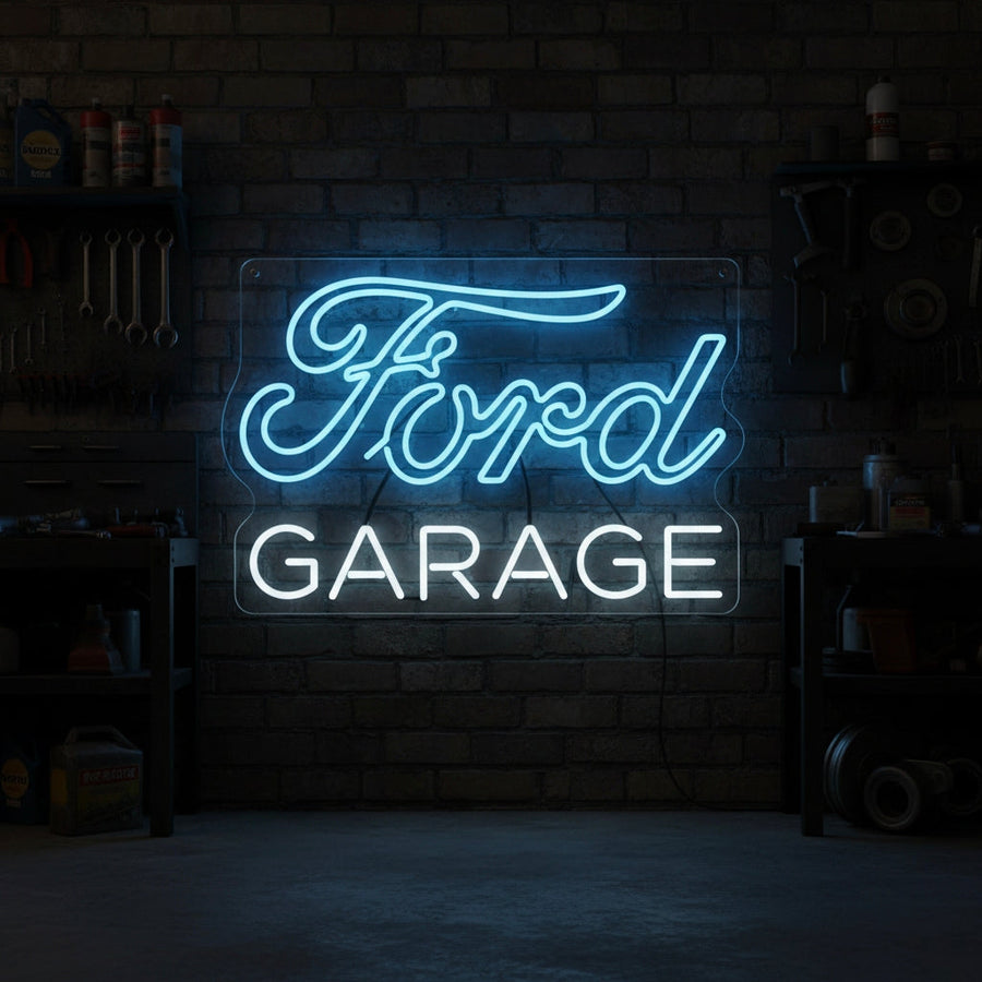 Blue and white neon sign with “Ford Garage” text, ideal for car workshops and garages.