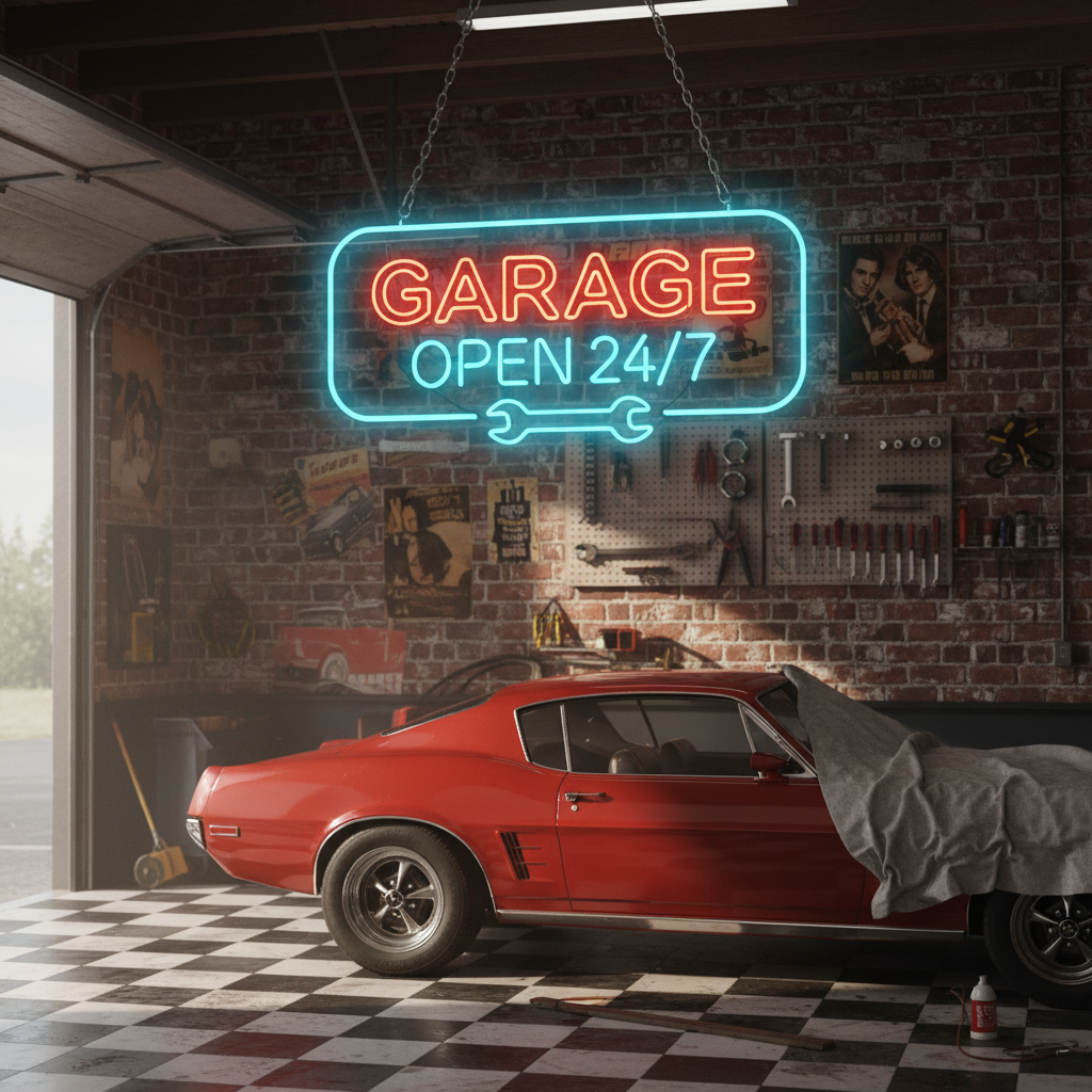 Classic neon sign reading “Garage Open 24/7” with red and blue neon, including wrench design, perfect for workshops and car garages.