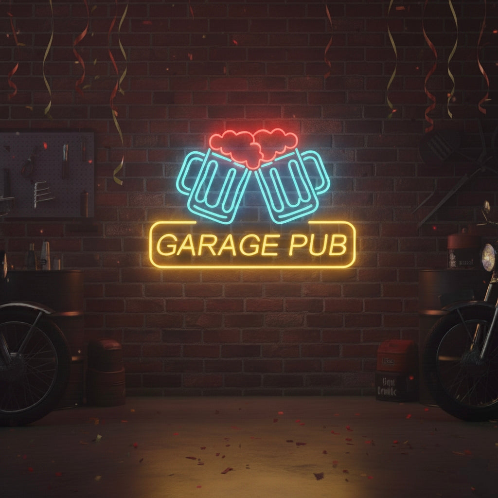 Neon sign featuring two clinking beer mugs and “Garage Pub” text, perfect for home bars and garages.