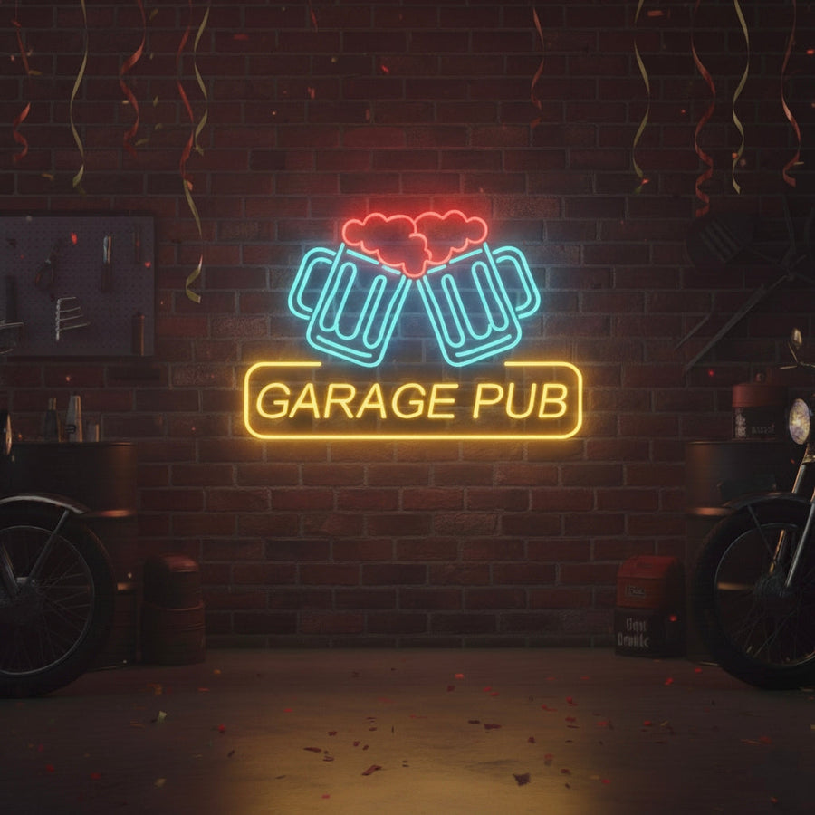 Neon sign featuring two clinking beer mugs and “Garage Pub” text, perfect for home bars and garages.