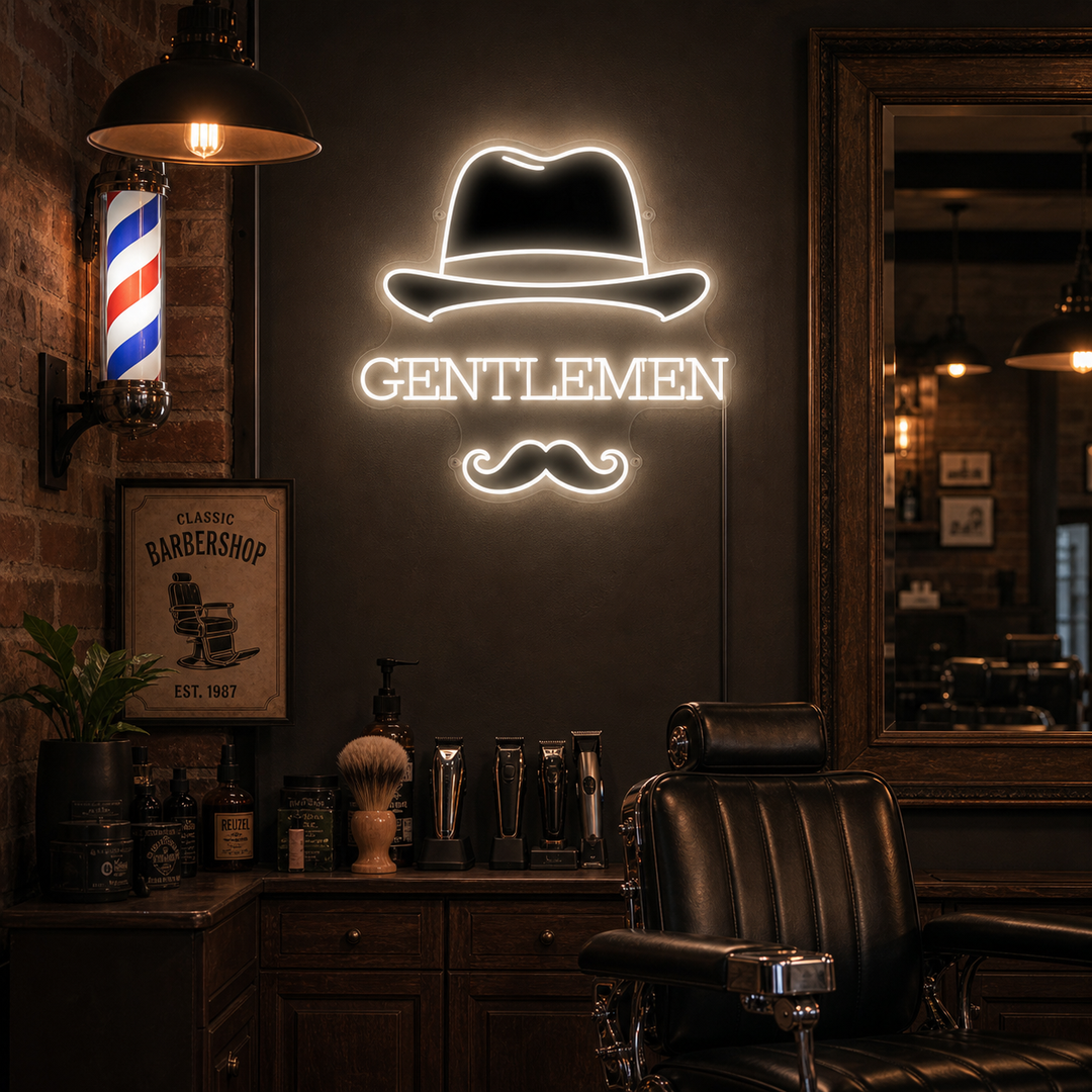 "Gentlemen" Neonschild, Barbershop Leuchtreklame, Barbershop Leuchtschild