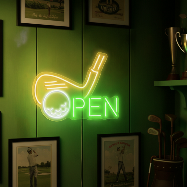 Neon sign with golf club and ball forming the word “OPEN,” ideal for golf lovers and sports-themed decor.