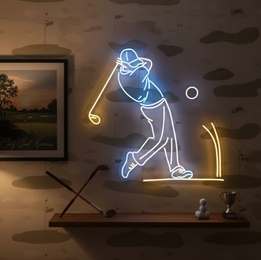 Blue and yellow neon sign of a golfer mid-swing, ideal for sports bars or golf-themed rooms.