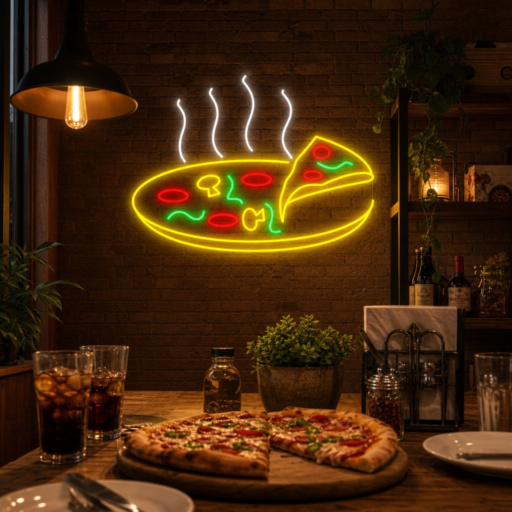 "Heiße leckere Pizza" Neonschild, Pizza Leuchtreklame, Pizza Leuchtschild