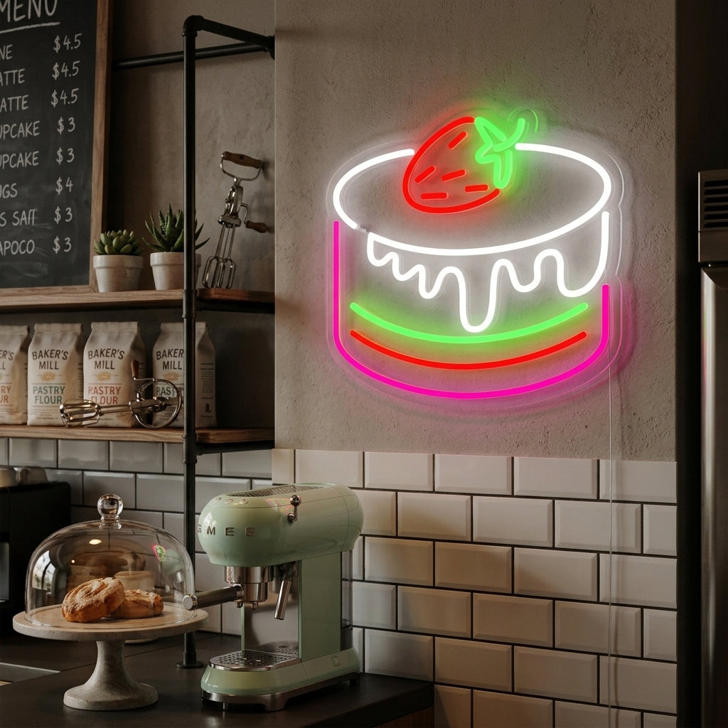 "Erdbeerkuchen Cafe Bäckerei" Neonschrift