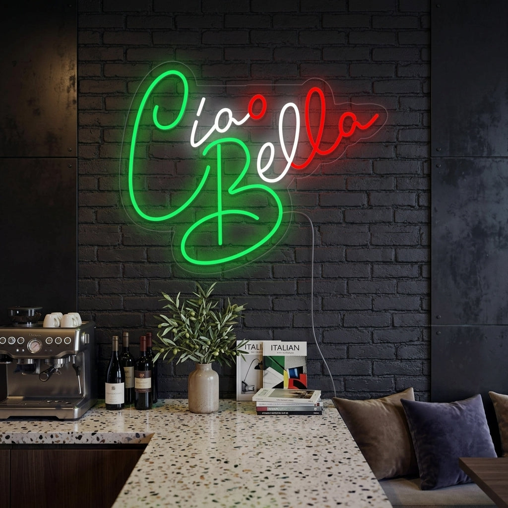 "Ciao Bella, Hello Beautiful" Neonschrift