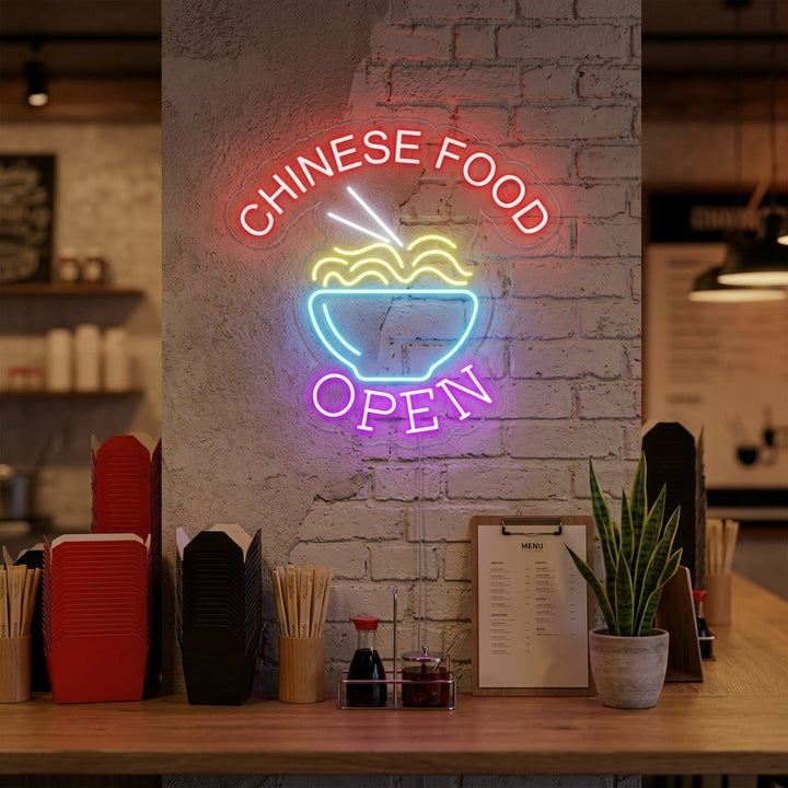 "Chinese Food Open, Nudeln" Neonschrift