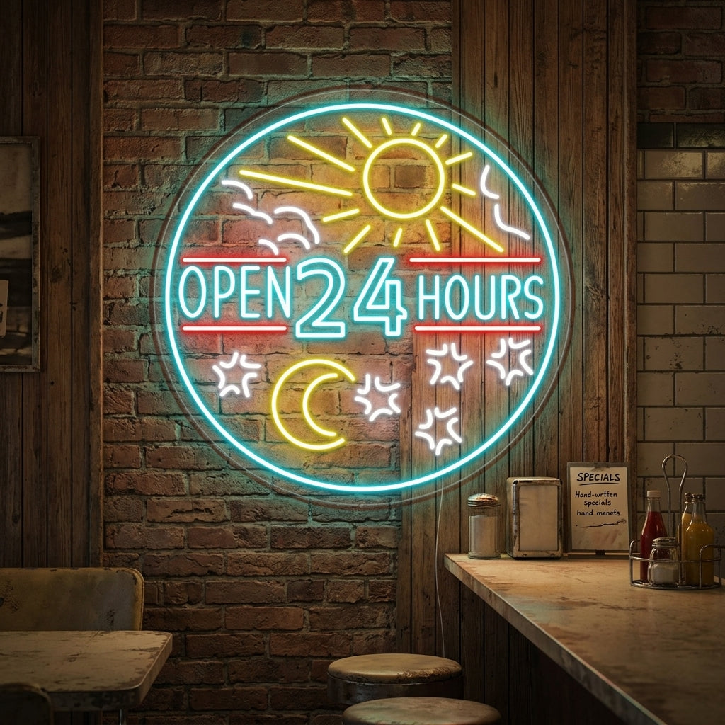 "Open 24 Hours" Neonschrift