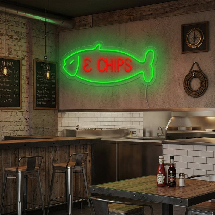 "Fish & Chips, Fisch" Neonschrift