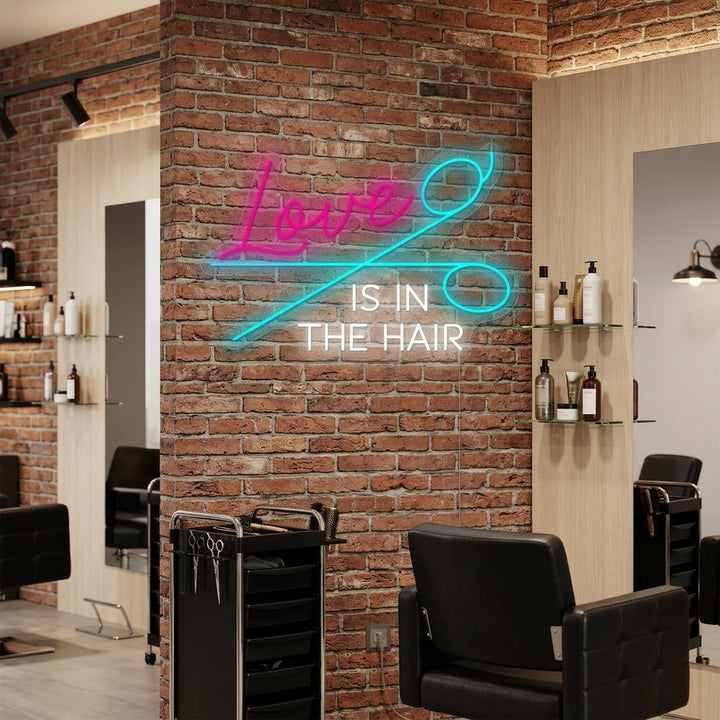 "Love Is In The Hair" Neonschild, Barbershop Leuchtreklame, Barbershop Leuchtschild
