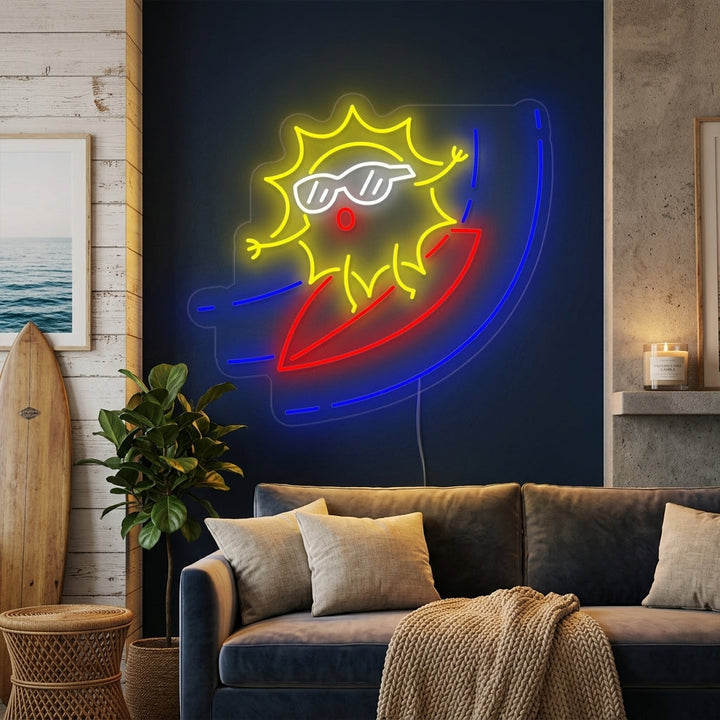 "Cartoon-Sonne Auf Surfbrett" Neonschrift