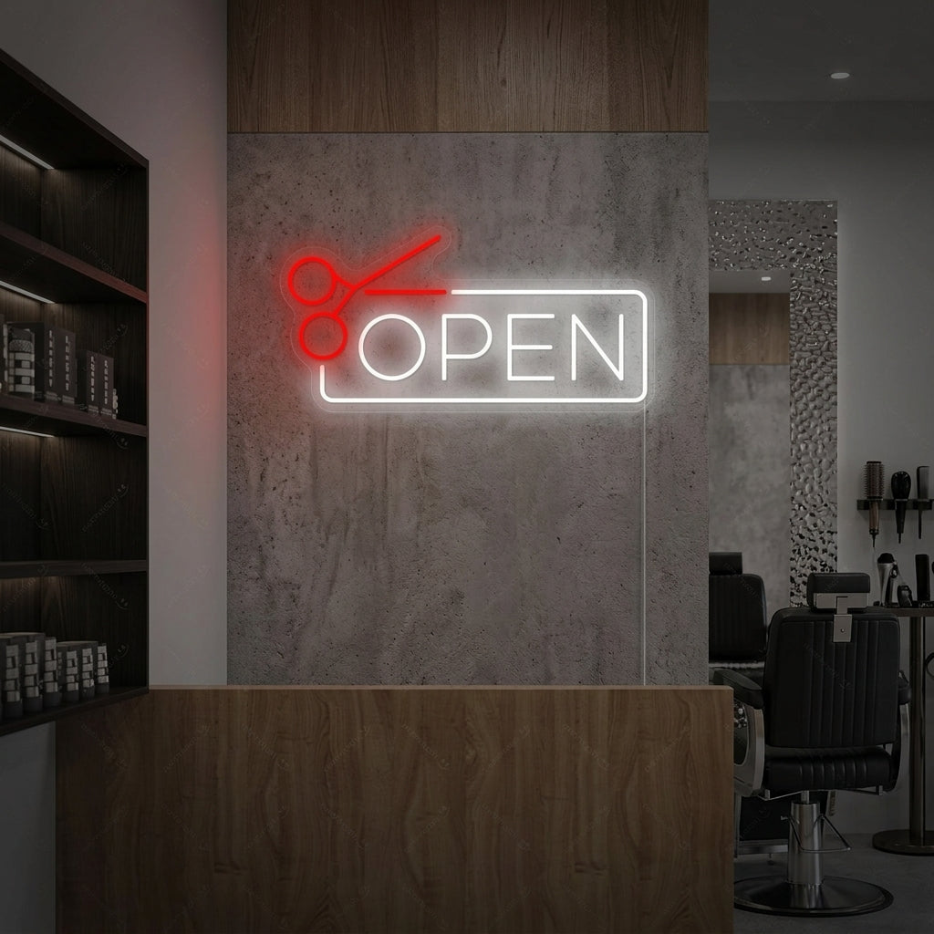 "Barbershop open" Neonschild, Barbershop Leuchtreklame, Barbershop Leuchtschild