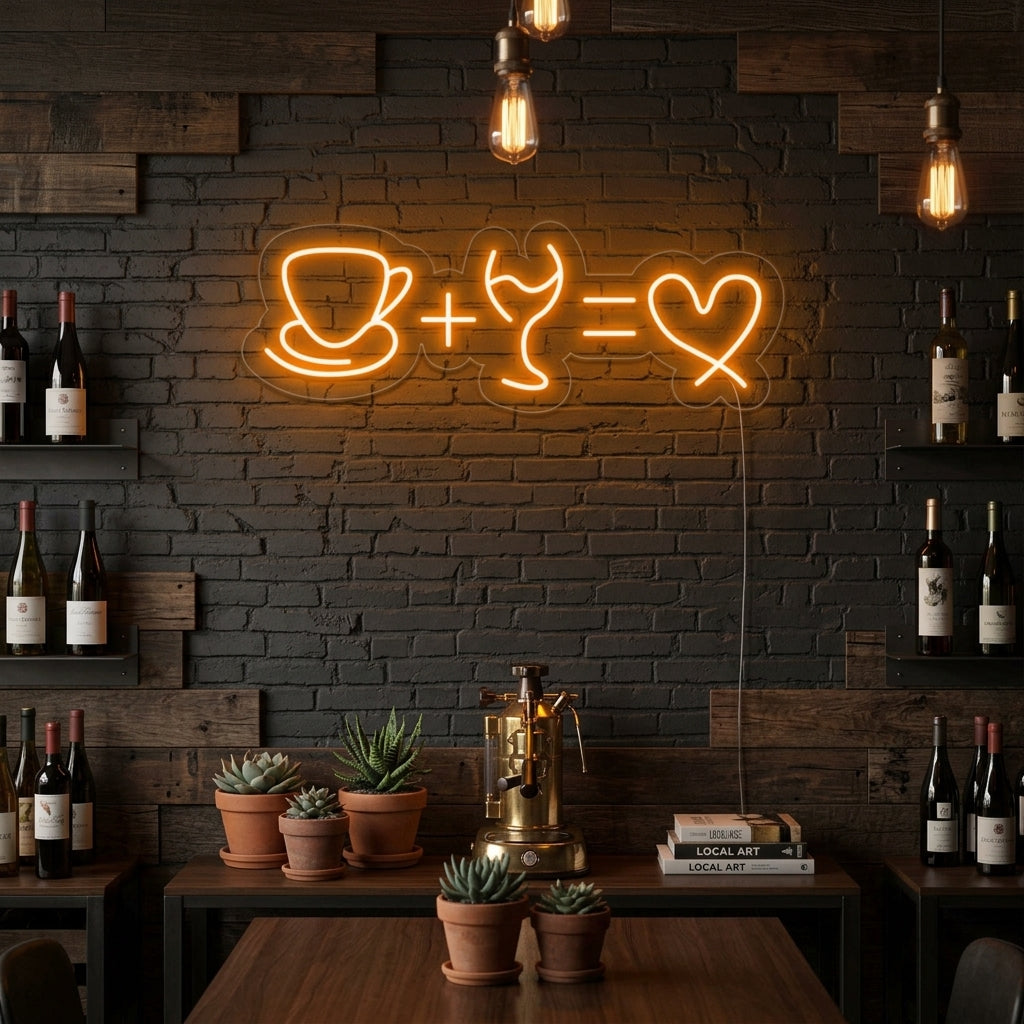 "Kaffee Wein Liebe" Neonschrift