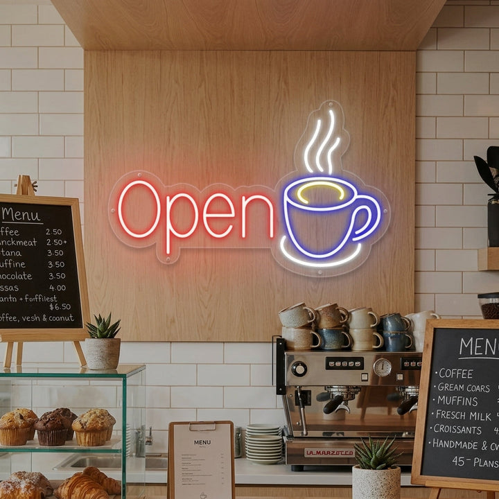 "Open, Kaffeetasse" Neonschrift