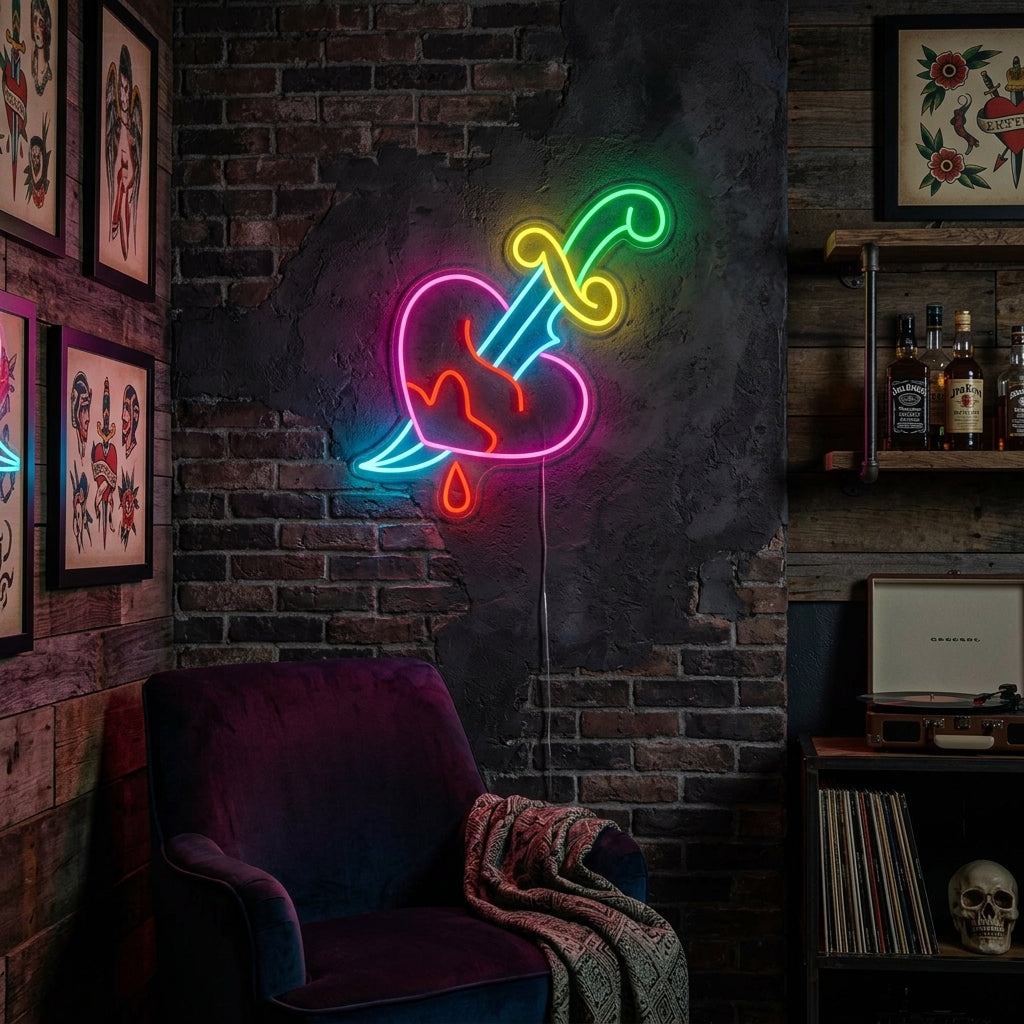 "Messer, Herzschmerz, Liebe" Neonschrift
