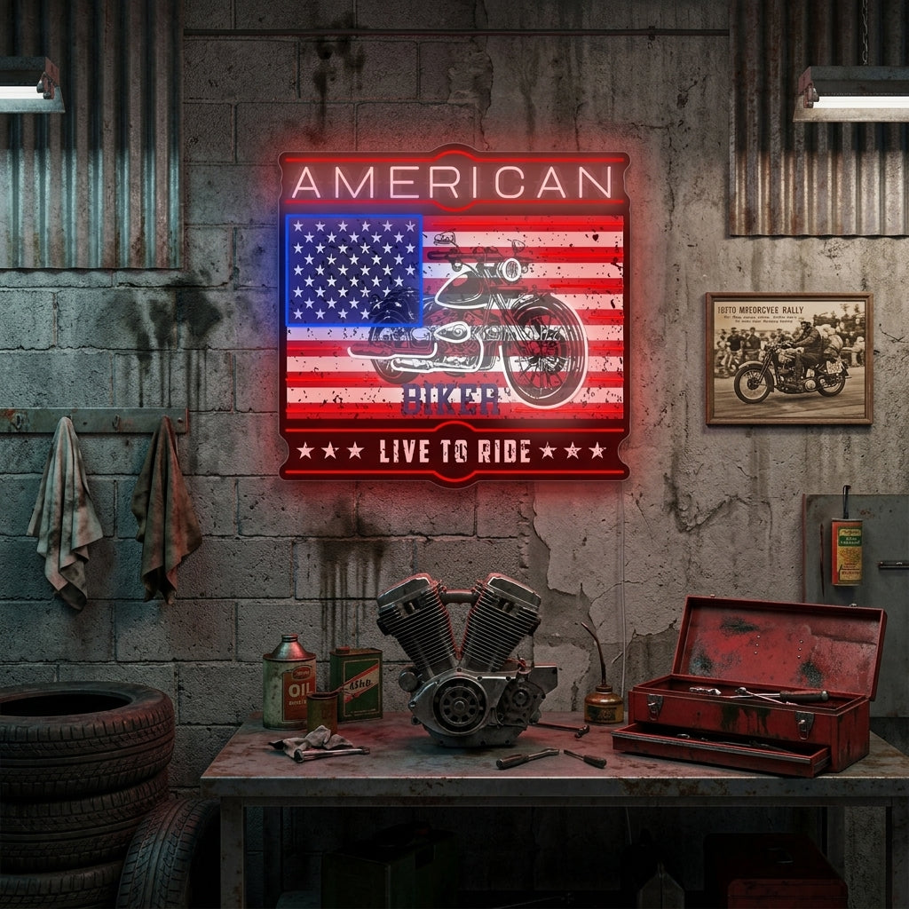 "American Biker Live To Ride" Neonschild