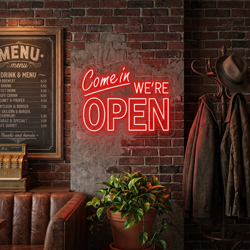 "Come In We Are Open" Neonschrift