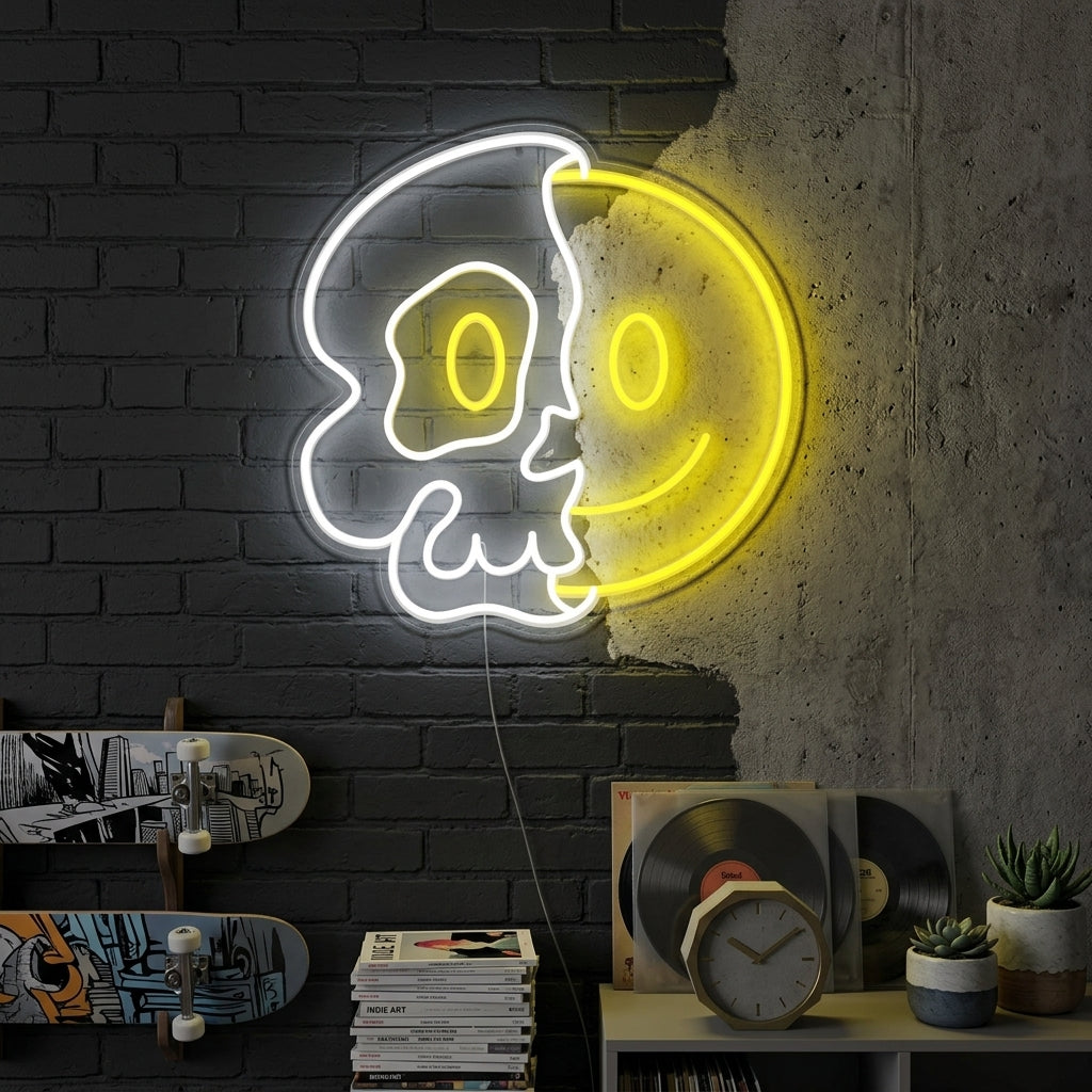 "Halber Totenkopf Mit Lächelndem Gesicht UV-Druck" Neonschrift