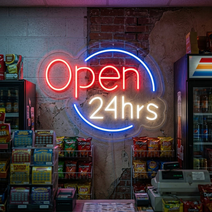 "Open 24 Hrs" Neonschrift