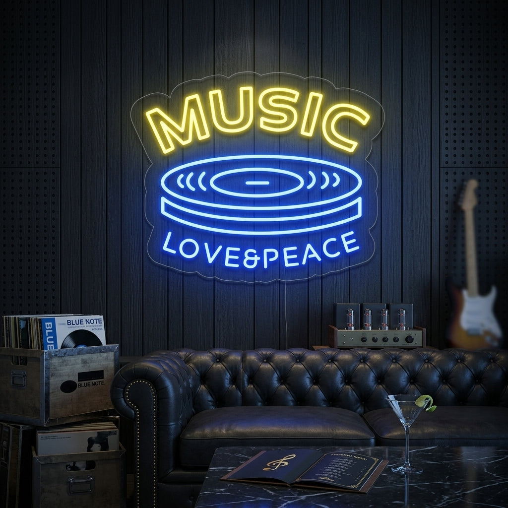 "Music Love Peace" Neonschrift
