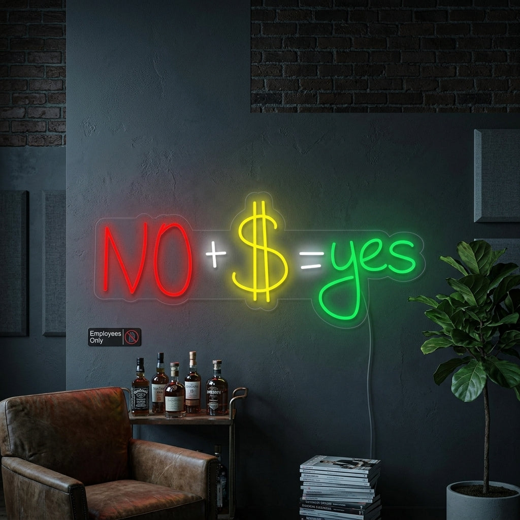 "No + US Dollar = Yes" Neonschrift