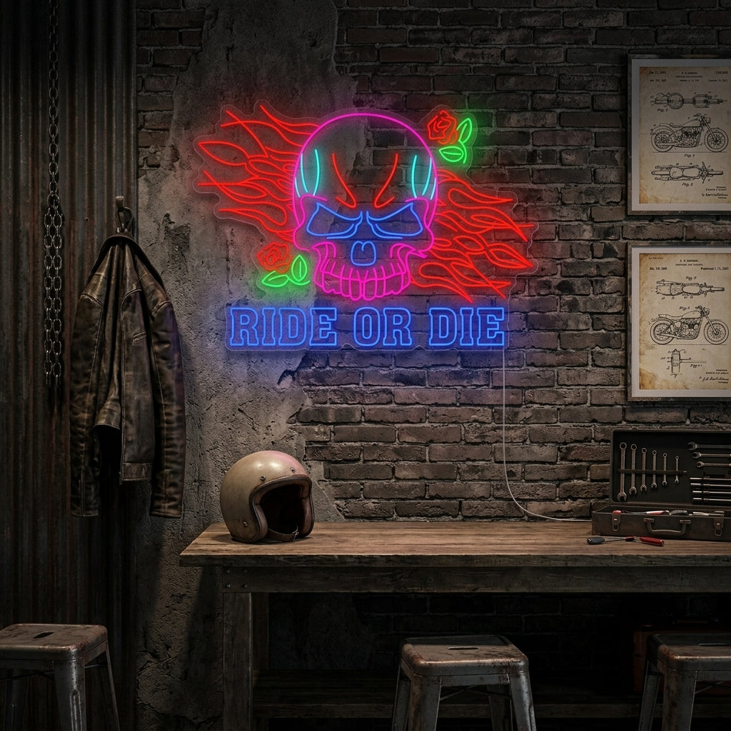 "Ride Or Die-Schriftzug und Totenkopf" Neonschild